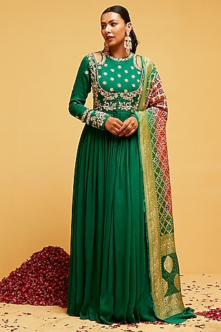 Green Georgette Hand Embroidered Anarkali Set by Suruchi Parakh