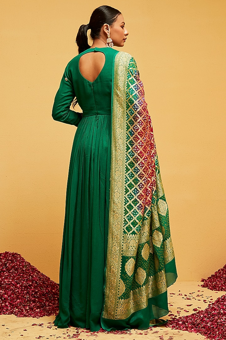 Green Georgette Hand Embroidered Wedding Anarkali Set by Suruchi Parakh at Pernia's Pop Up Shop