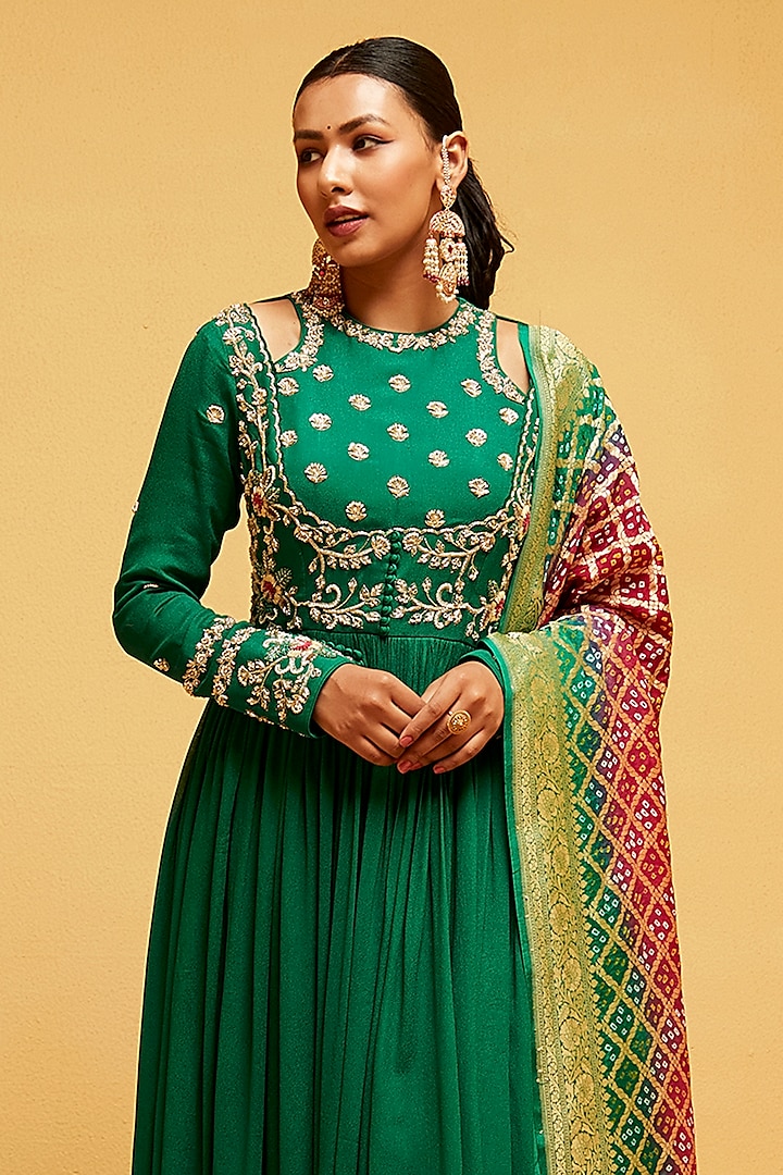 Green Georgette Hand Embroidered Wedding Anarkali Set by Suruchi Parakh at Pernia's Pop Up Shop