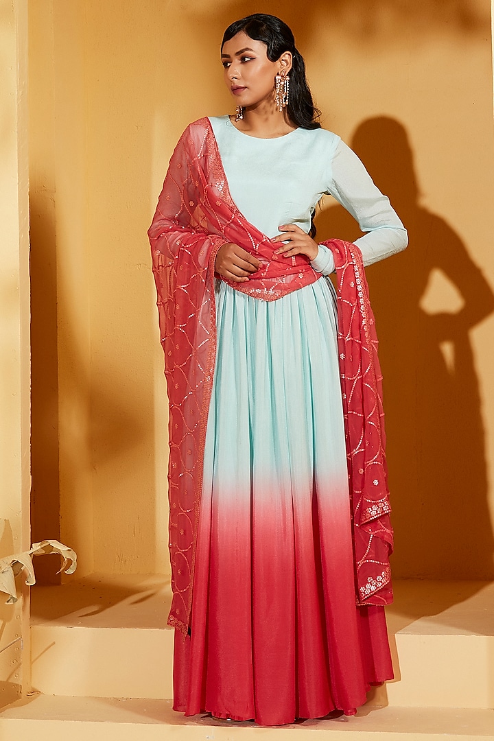 Light Blue & Coral Red Georgette Crepe Boota Embellished Party Wear Anarkali Set by Suruchi Parakh at Pernia's Pop Up Shop