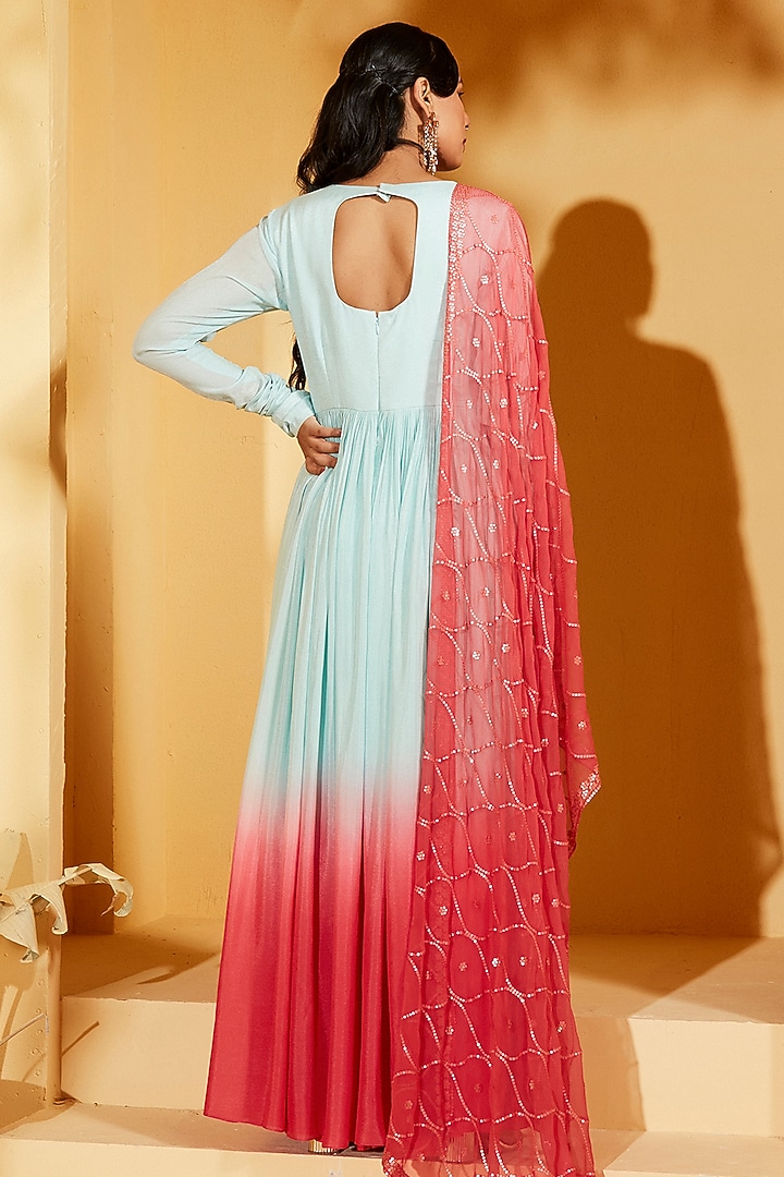 Light Blue & Coral Red Georgette Crepe Boota Embellished Party Wear Anarkali Set by Suruchi Parakh at Pernia's Pop Up Shop