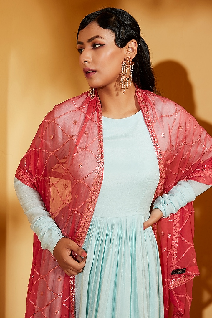 Light Blue & Coral Red Georgette Crepe Boota Embellished Party Wear Anarkali Set by Suruchi Parakh at Pernia's Pop Up Shop