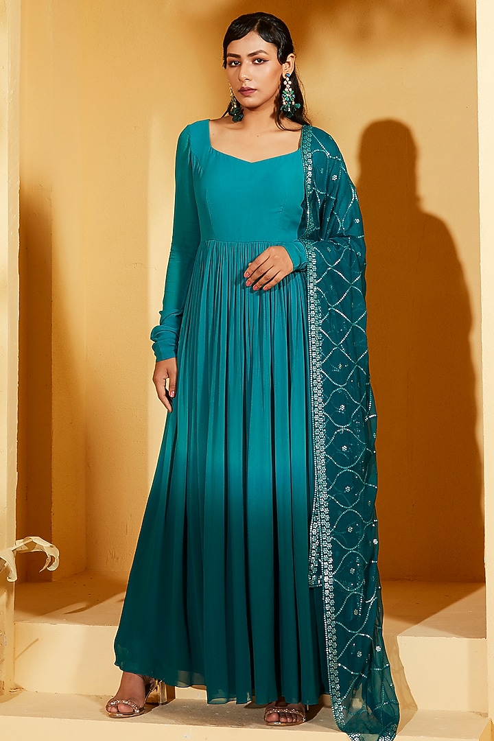 Teal Green Georgette Crepe & Chiffon Boota Embellished Party Wear Anarkali Set by Suruchi Parakh at Pernia's Pop Up Shop