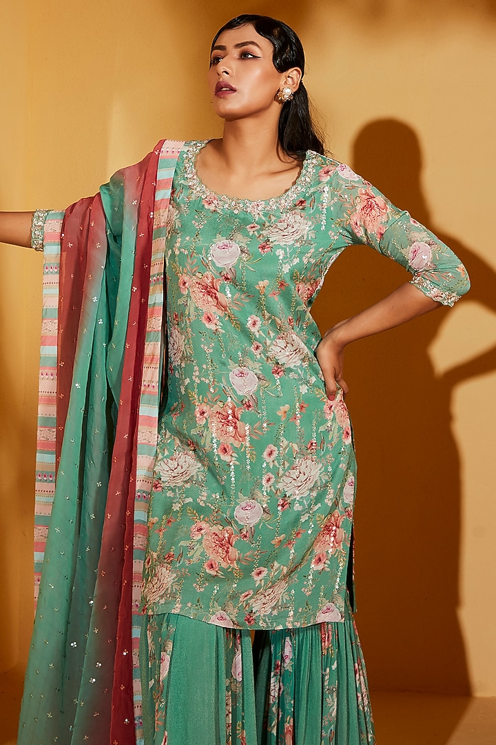 Green Georgette Crepe Wedding Sharara Set by Suruchi Parakh at Pernia's Pop Up Shop