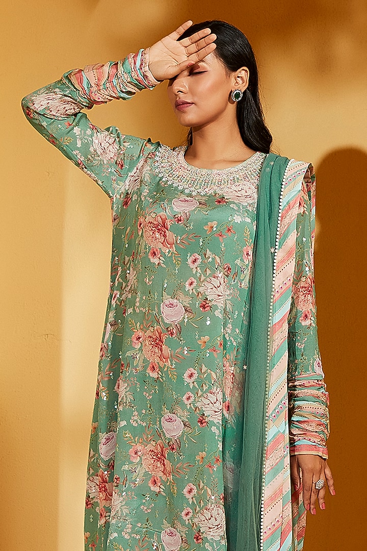 Green Georgette Crepe High-Low A-Line Kurta Set by Suruchi Parakh at Pernia's Pop Up Shop