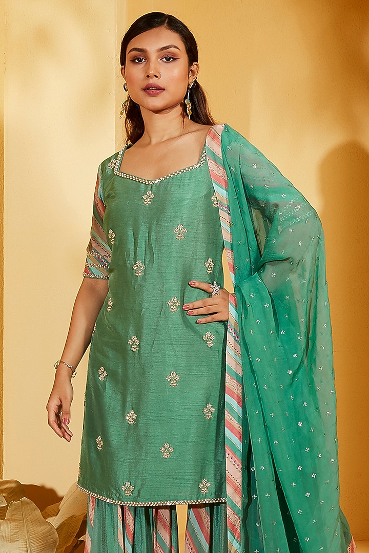 Green Georgette Crepe Wedding Sharara Set by Suruchi Parakh at Pernia's Pop Up Shop