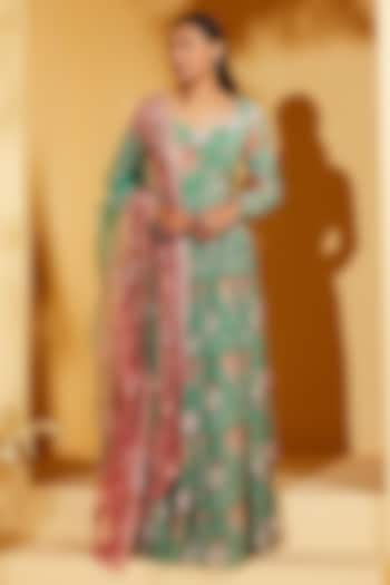 Green Georgette Crepe & Soft Organza Floral Party Wear Anarkali Set by Suruchi Parakh at Pernia's Pop Up Shop