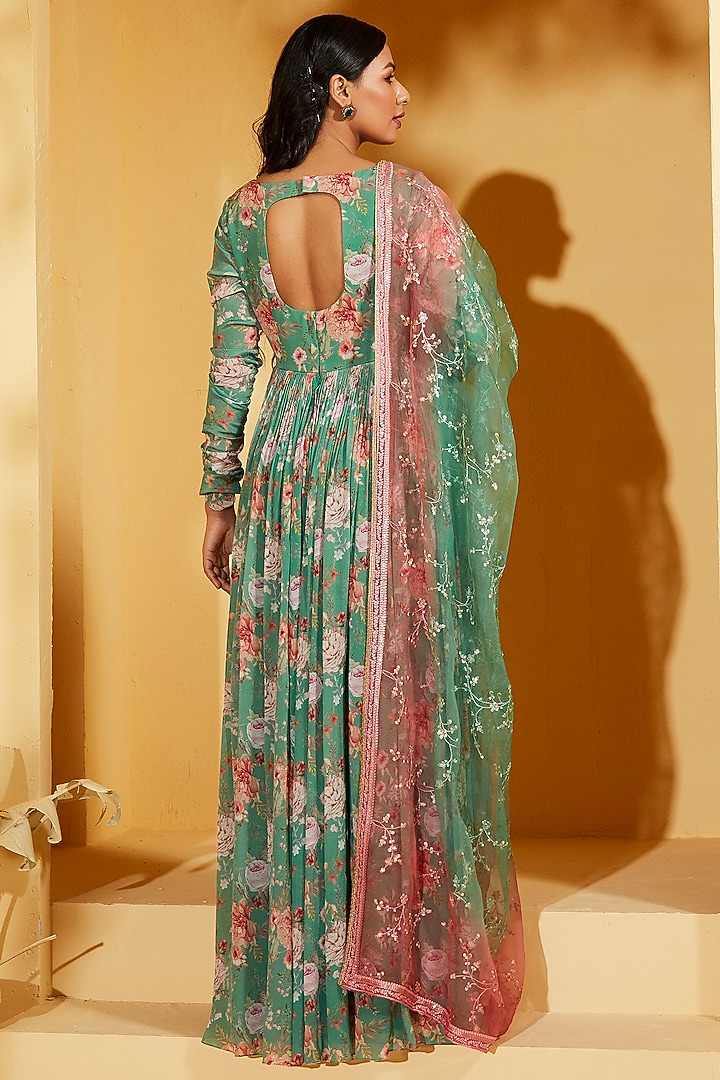 Green Georgette Crepe & Soft Organza Floral Party Wear Anarkali Set by Suruchi Parakh at Pernia's Pop Up Shop