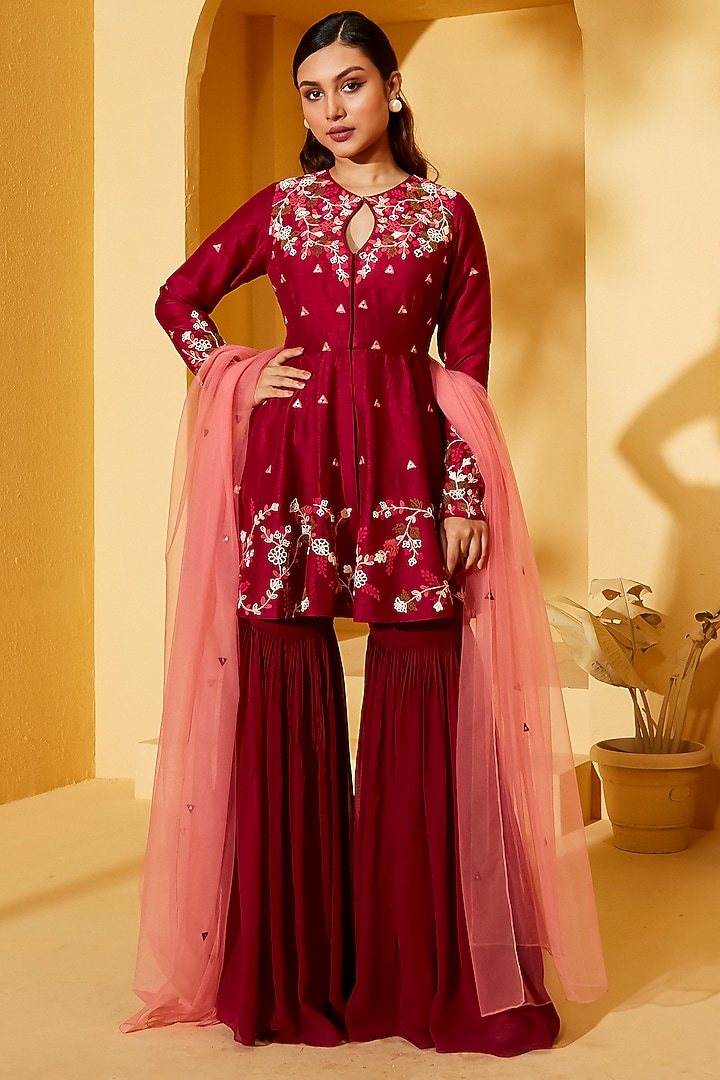 Wine Georgette & Tussar Silk Wedding Sharara Set by Suruchi Parakh at Pernia's Pop Up Shop