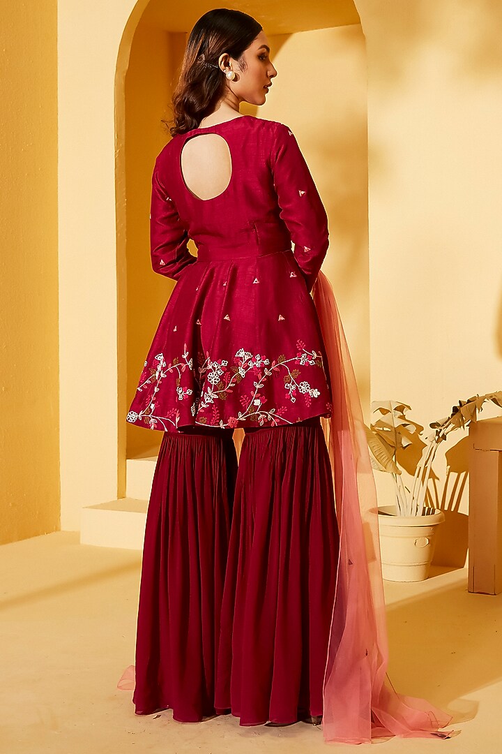 Wine Georgette & Tussar Silk Wedding Sharara Set by Suruchi Parakh at Pernia's Pop Up Shop
