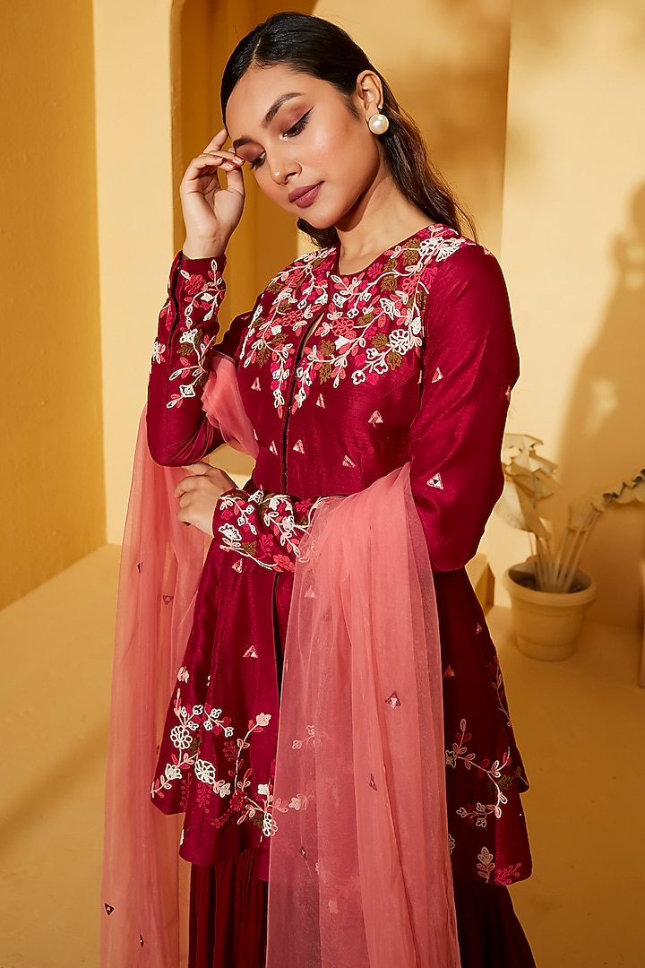 Wine Georgette & Tussar Silk Wedding Sharara Set by Suruchi Parakh at Pernia's Pop Up Shop