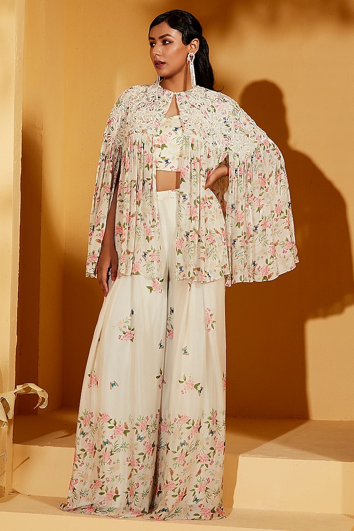 White Georgette Crepe Hand Embroidered Jacket Set by Suruchi Parakh at Pernia's Pop Up Shop