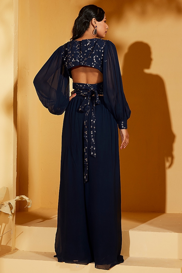 Navy Blue Georgette Crepe & Chanderi Silk Flared Pant Set by Suruchi Parakh at Pernia's Pop Up Shop
