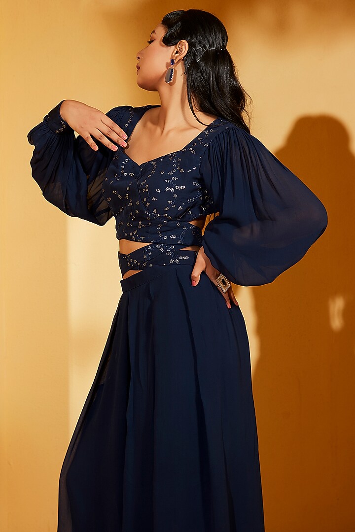 Navy Blue Georgette Crepe & Chanderi Silk Flared Pant Set by Suruchi Parakh at Pernia's Pop Up Shop