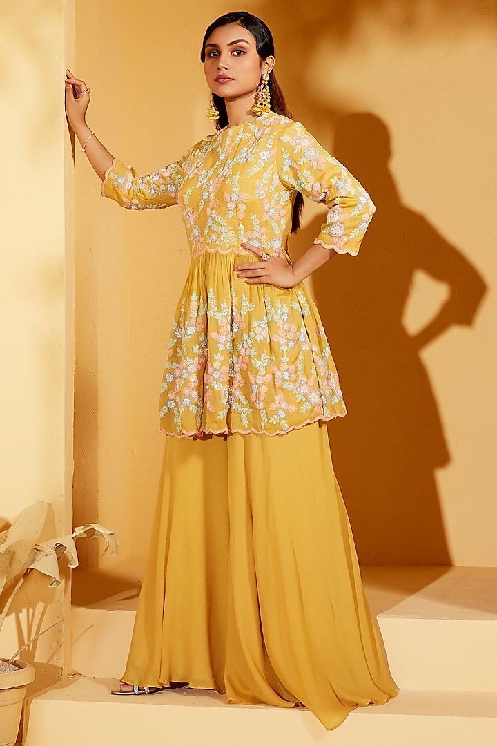 Yellow Georgette Crepe Flared Pant Set by Suruchi Parakh at Pernia's Pop Up Shop