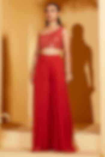 Red Georgette Crepe Flared Pant Set by Suruchi Parakh