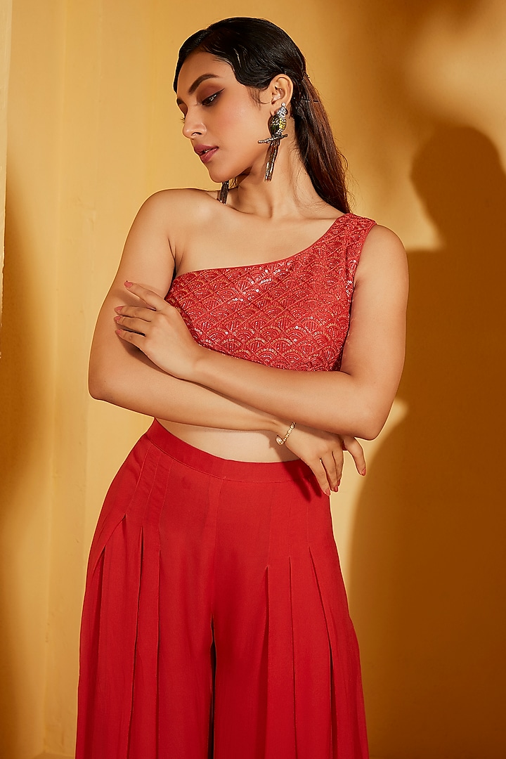 Red Georgette Crepe Flared Pant Set by Suruchi Parakh at Pernia's Pop Up Shop