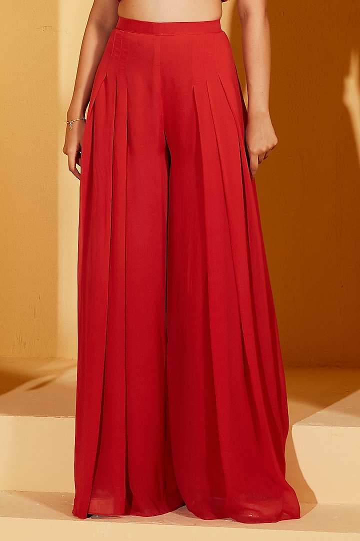 Red Georgette Crepe Flared Pant Set by Suruchi Parakh at Pernia's Pop Up Shop