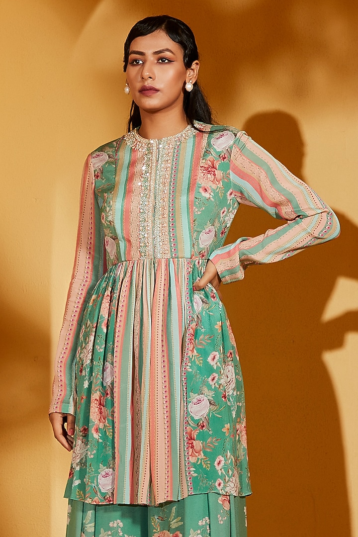 Green Georgette Crepe Pant Set by Suruchi Parakh at Pernia's Pop Up Shop