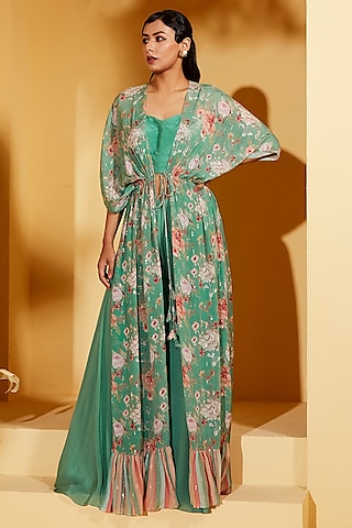 Green Georgette Crepe Kaftan Jacket Set by Suruchi Parakh