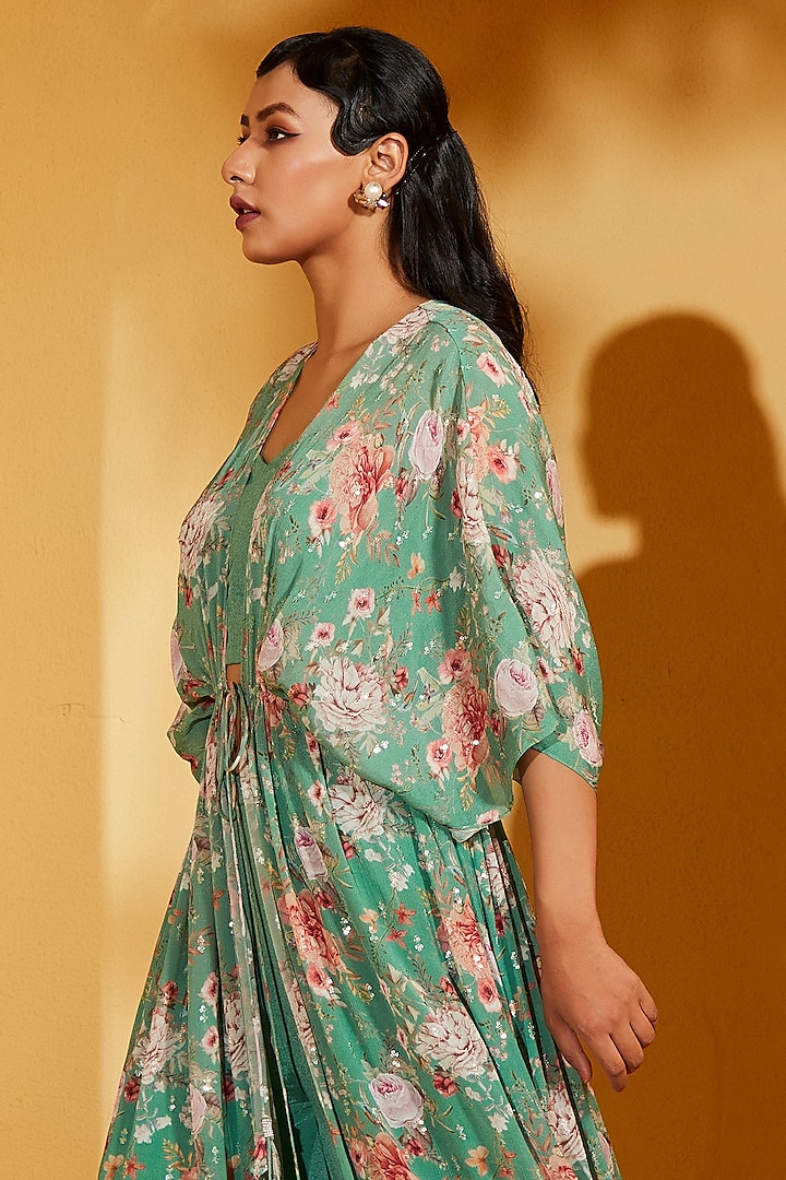 Green Georgette Crepe Kaftan Jacket Set by Suruchi Parakh at Pernia's Pop Up Shop