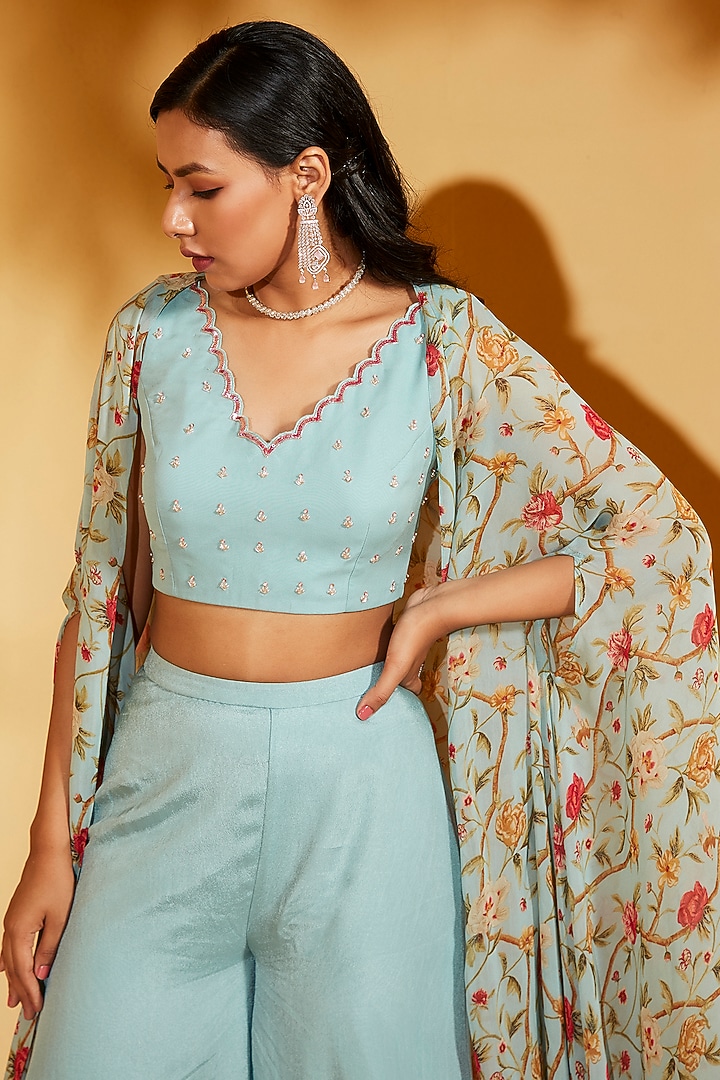 Light Blue Georgette Crepe Cape Set by Suruchi Parakh at Pernia's Pop Up Shop