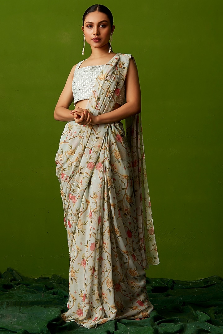 Light Blue Georgette Printed Pre-Draped Party Wear Saree Set by Suruchi Parakh at Pernia's Pop Up Shop