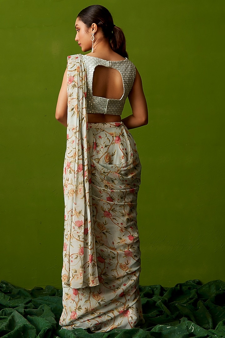 Light Blue Georgette Printed Pre-Draped Party Wear Saree Set by Suruchi Parakh at Pernia's Pop Up Shop