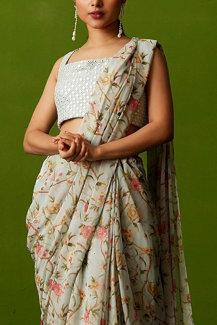 Light Blue Georgette Printed Pre-Draped Party Wear Saree Set by Suruchi Parakh at Pernia's Pop Up Shop
