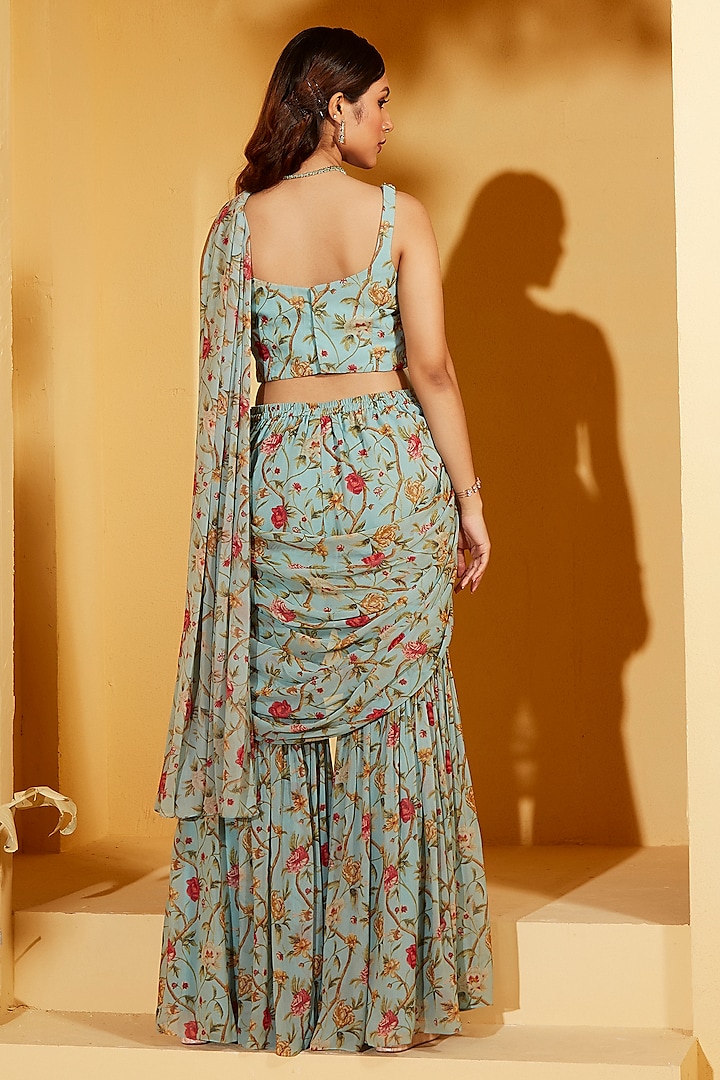 Light Blue Georgette Crepe Sharara Party Wear Saree Set by Suruchi Parakh at Pernia's Pop Up Shop