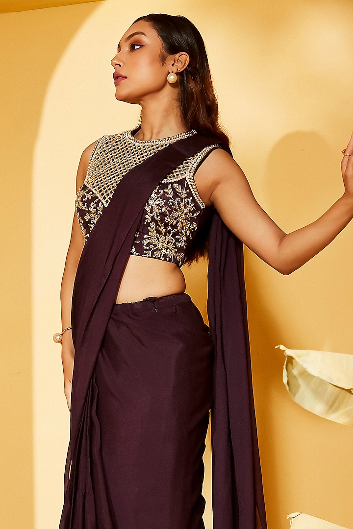 Wine Georgette Crepe Pre-Draped Saree Set Design by Suruchi Parakh