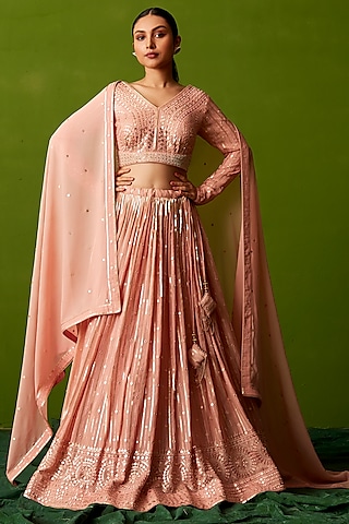Peach Georgette Sequins Embroidered Lehenga Set by Suruchi Parakh