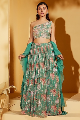 Green Georgette Crepe Lehenga Set by Suruchi Parakh