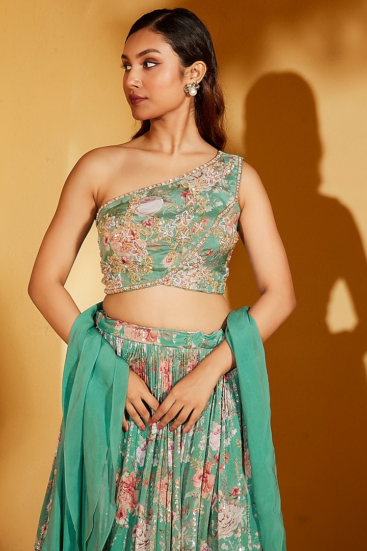Green Georgette Crepe Wedding Lehenga Set by Suruchi Parakh at Pernia's Pop Up Shop