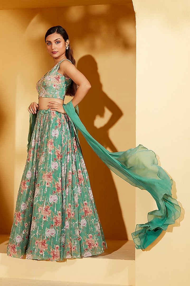 Green Georgette Crepe Wedding Lehenga Set by Suruchi Parakh at Pernia's Pop Up Shop