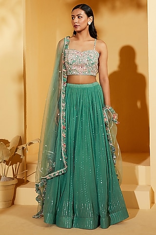 Green Georgette Crepe & Organza Pleated Lehenga Set by Suruchi Parakh