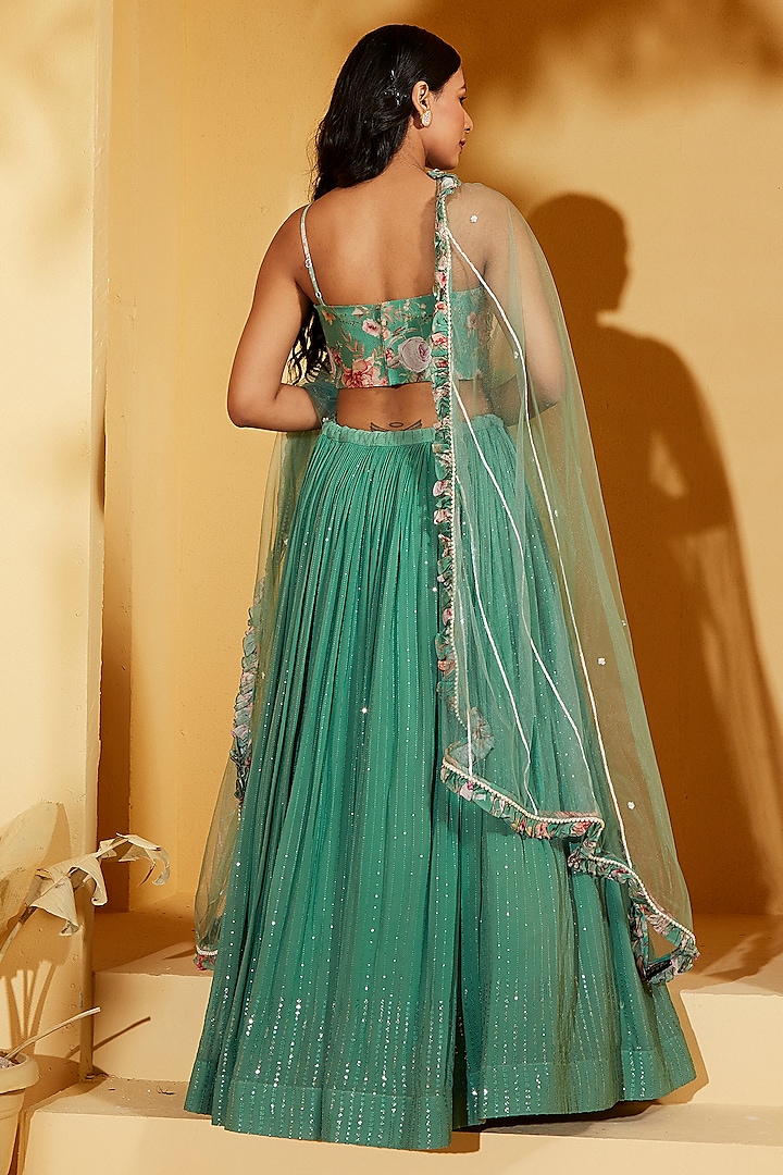 Green Georgette Crepe & Organza Pleated Wedding Lehenga Set by Suruchi Parakh at Pernia's Pop Up Shop