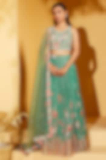Green Georgette Crepe & Organza Pleated Wedding Lehenga Set by Suruchi Parakh at Pernia's Pop Up Shop