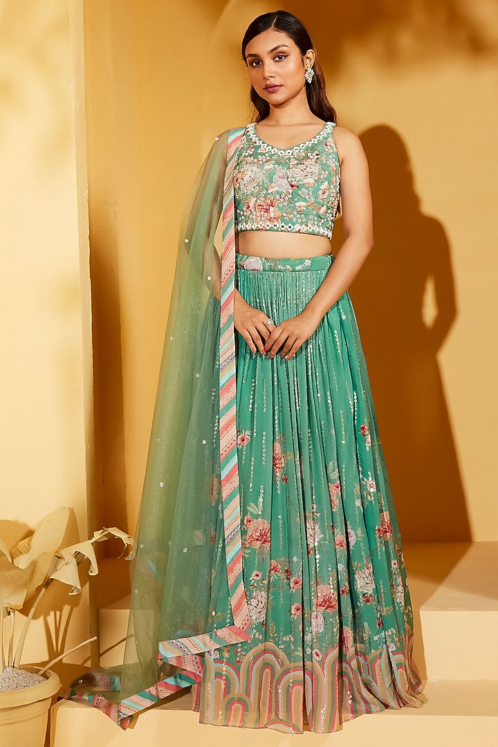 Green Georgette Crepe & Organza Pleated Wedding Lehenga Set by Suruchi Parakh at Pernia's Pop Up Shop