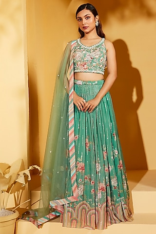 Green Georgette Crepe & Organza Pleated Lehenga Set by Suruchi Parakh