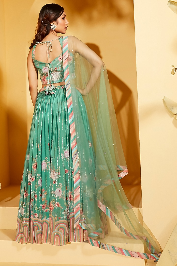 Green Georgette Crepe & Organza Pleated Wedding Lehenga Set by Suruchi Parakh at Pernia's Pop Up Shop