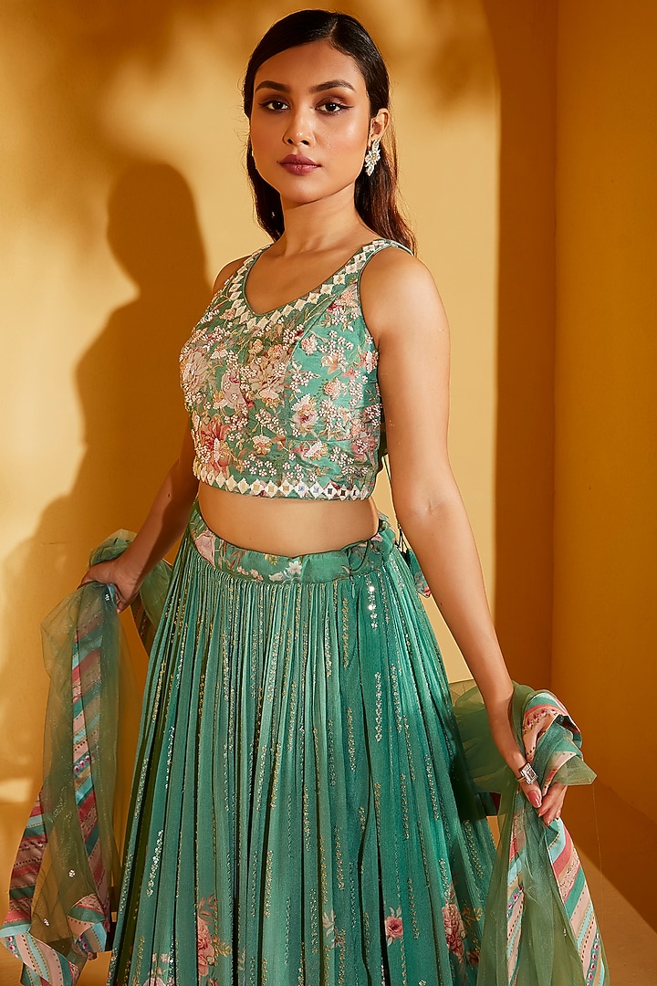 Green Georgette Crepe & Organza Pleated Wedding Lehenga Set by Suruchi Parakh at Pernia's Pop Up Shop