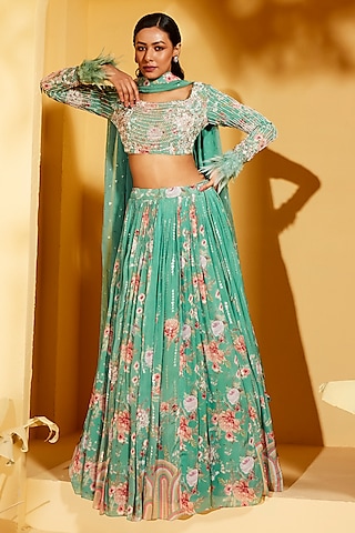 Green Georgette Crepe & Organza Lehenga Set by Suruchi Parakh