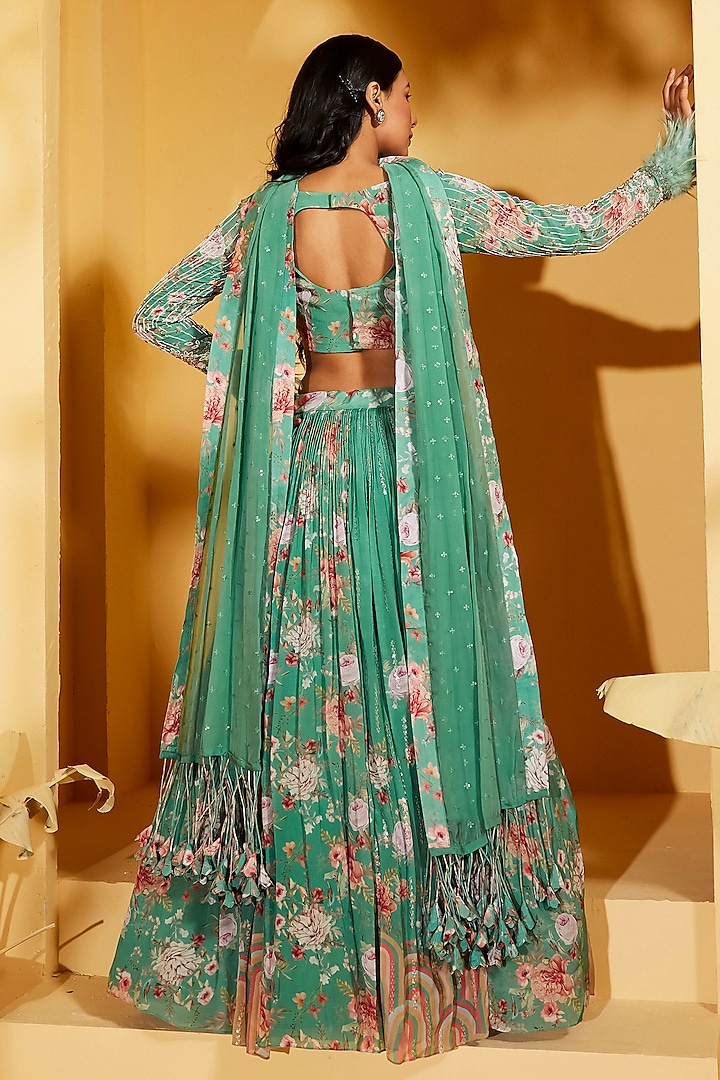 Green Georgette Crepe & Organza Wedding Lehenga Set by Suruchi Parakh at Pernia's Pop Up Shop
