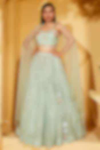 Sea Green Georgette Crepe & Net Thread Embroidered Wedding Lehenga Set by Suruchi Parakh at Pernia's Pop Up Shop