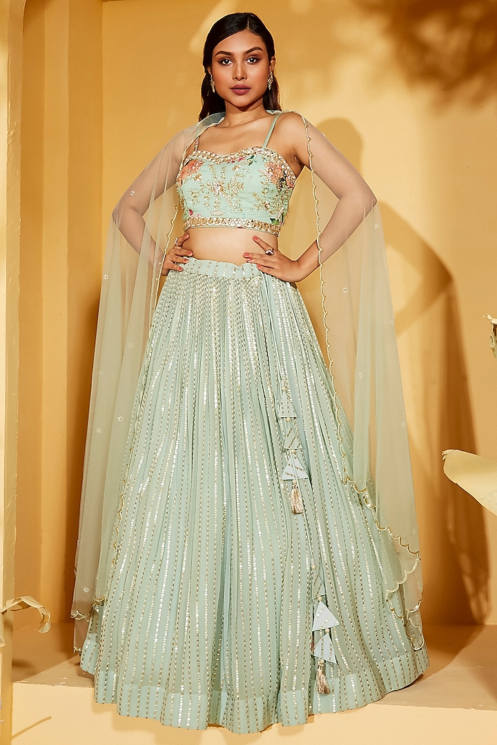 Sea Green Georgette Crepe & Net Thread Embroidered Wedding Lehenga Set by Suruchi Parakh at Pernia's Pop Up Shop