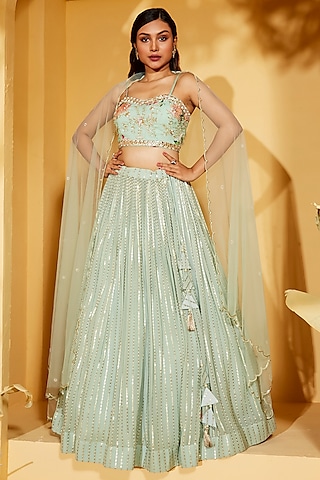 Sea Green Georgette Crepe & Net Thread Embroidered Lehenga Set by Suruchi Parakh