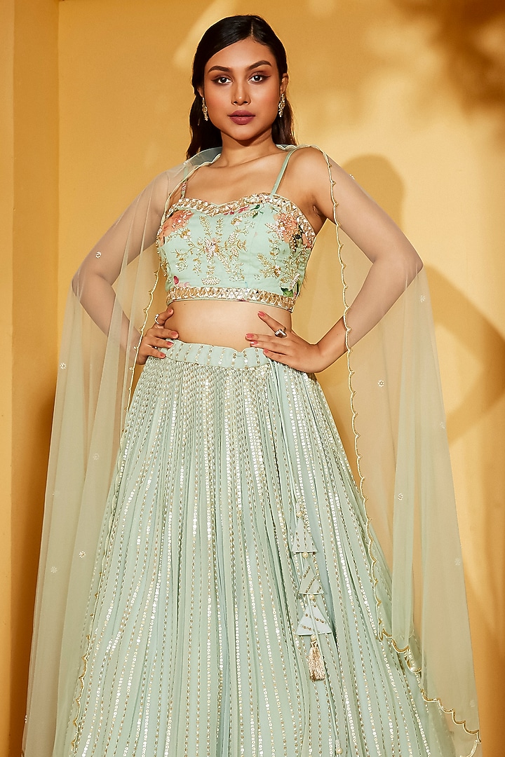 Sea Green Georgette Crepe & Net Thread Embroidered Wedding Lehenga Set by Suruchi Parakh at Pernia's Pop Up Shop
