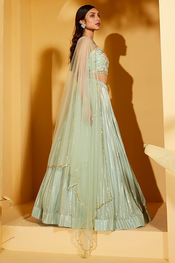 Sea Green Georgette Crepe & Net Thread Embroidered Wedding Lehenga Set by Suruchi Parakh at Pernia's Pop Up Shop