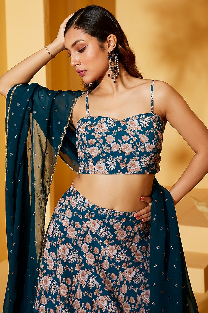 Teal Georgette Satin & Organza Lehenga Set by Suruchi Parakh at Pernia's Pop Up Shop